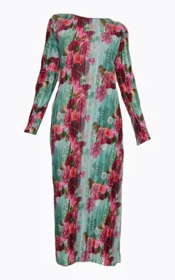 Pink Rose Print Plisse Long Sleeve Split Detail Midi Dress