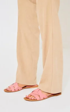 Pink Round Toe Real Leather Strap Mule Flat Sandals