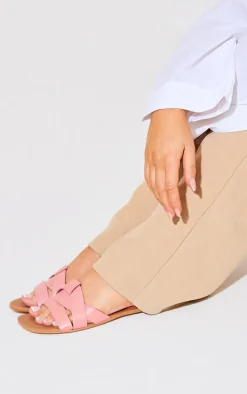 Pink Round Toe Real Leather Strap Mule Flat Sandals