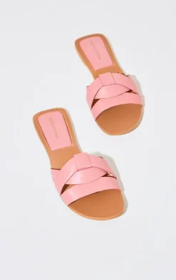 Pink Round Toe Real Leather Strap Mule Flat Sandals