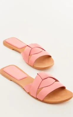 Pink Round Toe Real Leather Strap Mule Flat Sandals