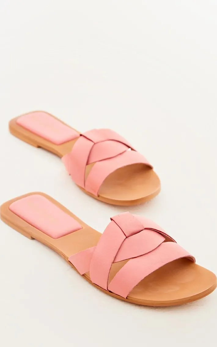 Pink Round Toe Real Leather Strap Mule Flat Sandals