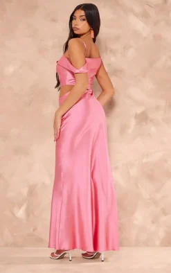 Pink Satin Asymmetric Cut Out Maxi Dress