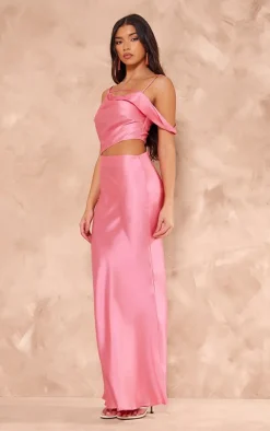 Pink Satin Asymmetric Cut Out Maxi Dress