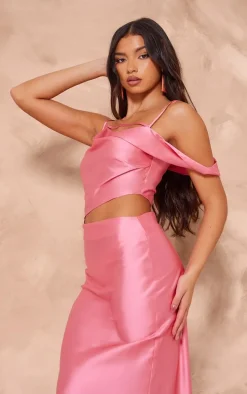 Pink Satin Asymmetric Cut Out Maxi Dress