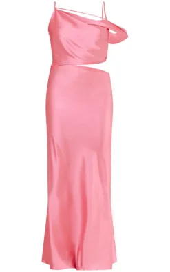 Pink Satin Asymmetric Cut Out Maxi Dress