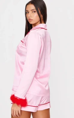 Pink Satin Contrast Feather Trim Short Pj Set