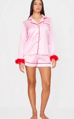 Pink Satin Contrast Feather Trim Short Pj Set