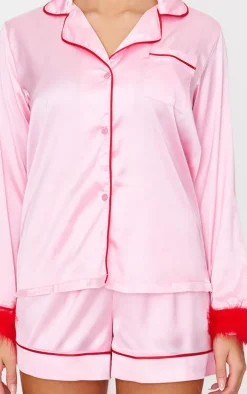 Pink Satin Contrast Feather Trim Short Pj Set
