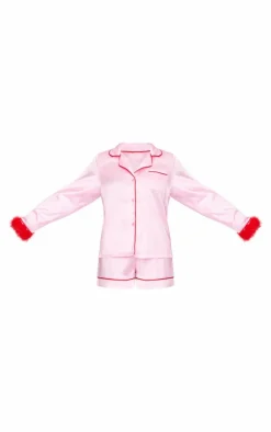 Pink Satin Contrast Feather Trim Short Pj Set