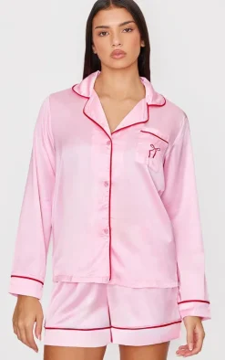 Pink Satin Embroidered Bow Short Pj Set