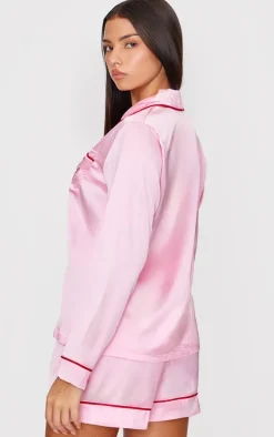 Pink Satin Embroidered Bow Short Pj Set