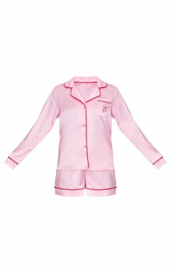 Pink Satin Embroidered Bow Short Pj Set