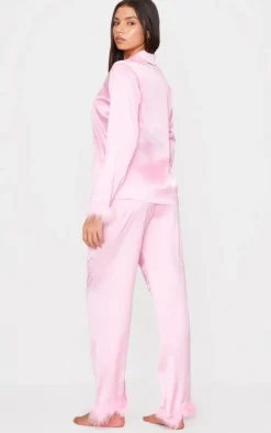 Pink Satin Faux Feather Trim Long Pj Set
