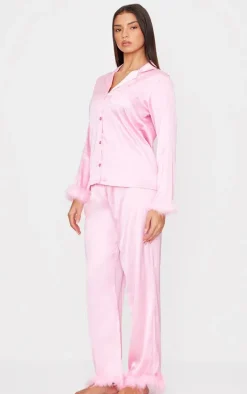 Pink Satin Faux Feather Trim Long Pj Set