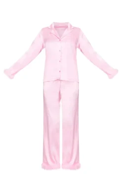 Pink Satin Faux Feather Trim Long Pj Set