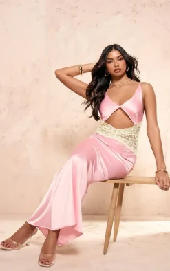 Pink Satin Lace Insert Maxi Dress
