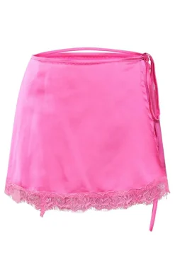 Pink Satin Lace Trim Wrap Skirt