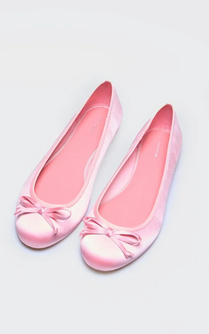 Pink Satin Round Toe Bow Detail Ballet Flats