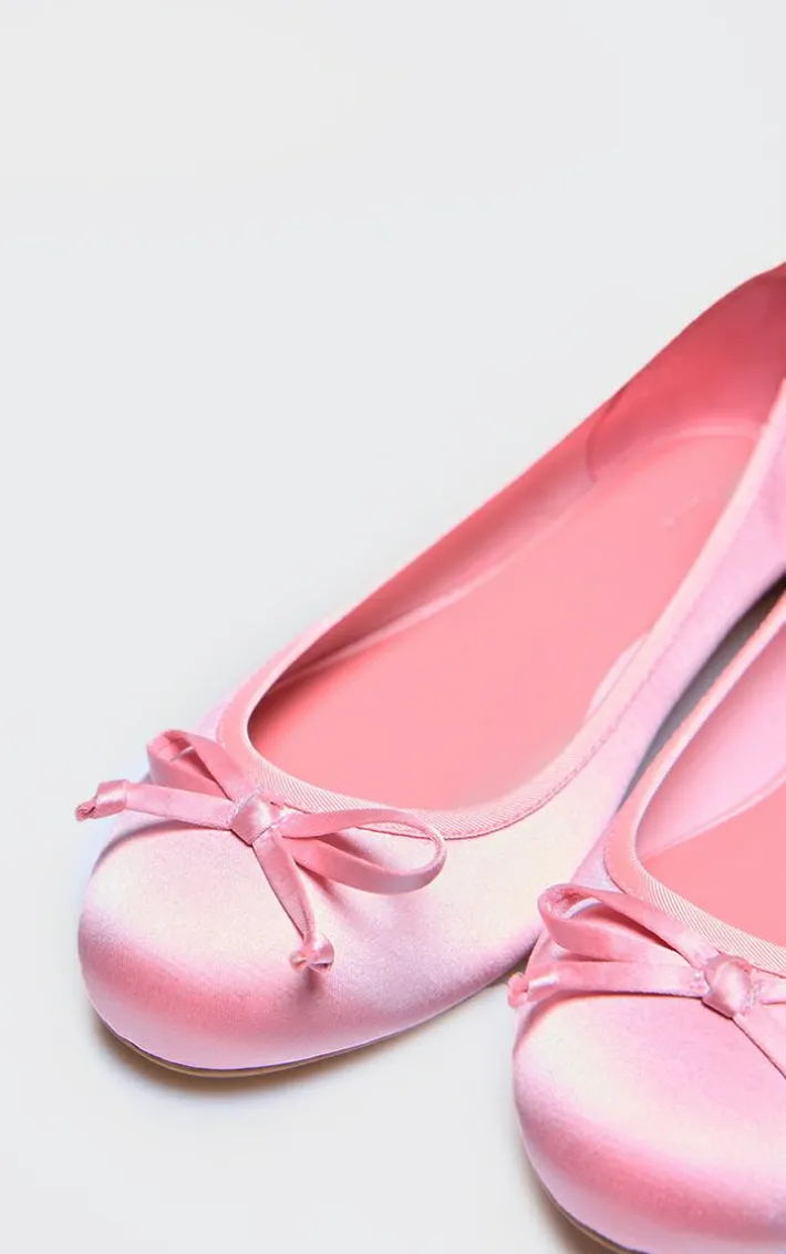 Pink Satin Round Toe Bow Detail Ballet Flats