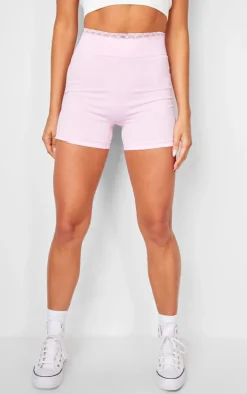 Pink Seamless Lace Trim Contour Hot Pants