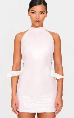 Pink Sequin Cut Out Bow Detail Mini Dress