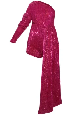 Pink Sequin Drape Detail One Sleeve Romper