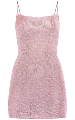 Pink Sequin Knit Side Split Cami Mini Dress