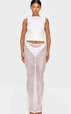 Pink Sheer Sequin Split Back Maxi Skirt