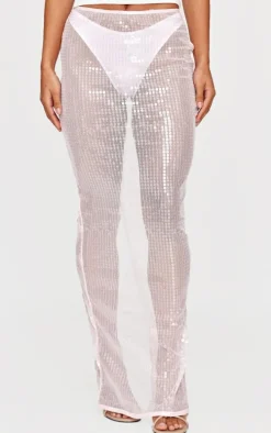 Pink Sheer Sequin Split Back Maxi Skirt