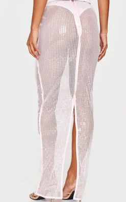 Pink Sheer Sequin Split Back Maxi Skirt