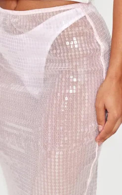 Pink Sheer Sequin Split Back Maxi Skirt
