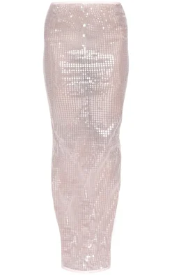 Pink Sheer Sequin Split Back Maxi Skirt