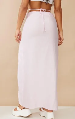 Pink Sheer Woven Tie Waist Split Thigh Maxi Skirt