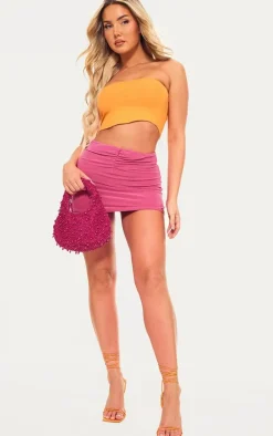 Pink Slinky Ruched Front Micro Mini Skirt