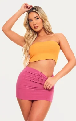 Pink Slinky Ruched Front Micro Mini Skirt