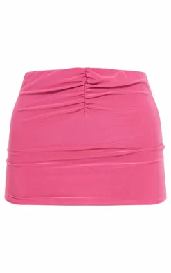Pink Slinky Ruched Front Micro Mini Skirt