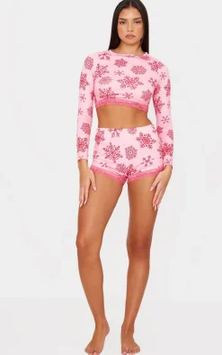 Pink Snowflake Print Long Sleeve Short Pj Set