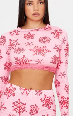 Pink Snowflake Print Long Sleeve Short Pj Set