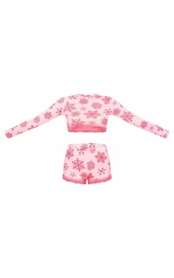 Pink Snowflake Print Long Sleeve Short Pj Set