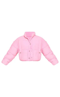 Pink Soft Nylon Set In Sleeve Popper Pocket Puffer