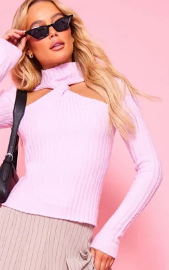 Pink Soft Rib Knit High Neck Cut Out Top