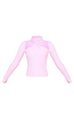 Pink Soft Rib Knit High Neck Cut Out Top