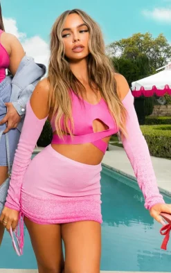 Pink Speckled Knit Extreme Dip Hem Top & Sleeves