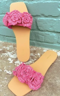 Pink Square Toe Crochet Flower Flat Sandals