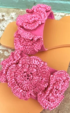 Pink Square Toe Crochet Flower Flat Sandals