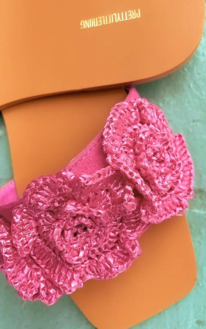 Pink Square Toe Crochet Flower Flat Sandals