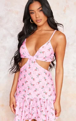 Pink Strawberry Printed Broderie Cut Out Frill Shift Dress