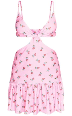 Pink Strawberry Printed Broderie Cut Out Frill Shift Dress
