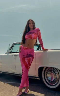 Pink Strawberry Printed Mesh Maxi Skirt